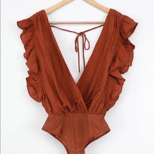 Lulus Smile Awhile Rust Red Ruffled Bodysuit
